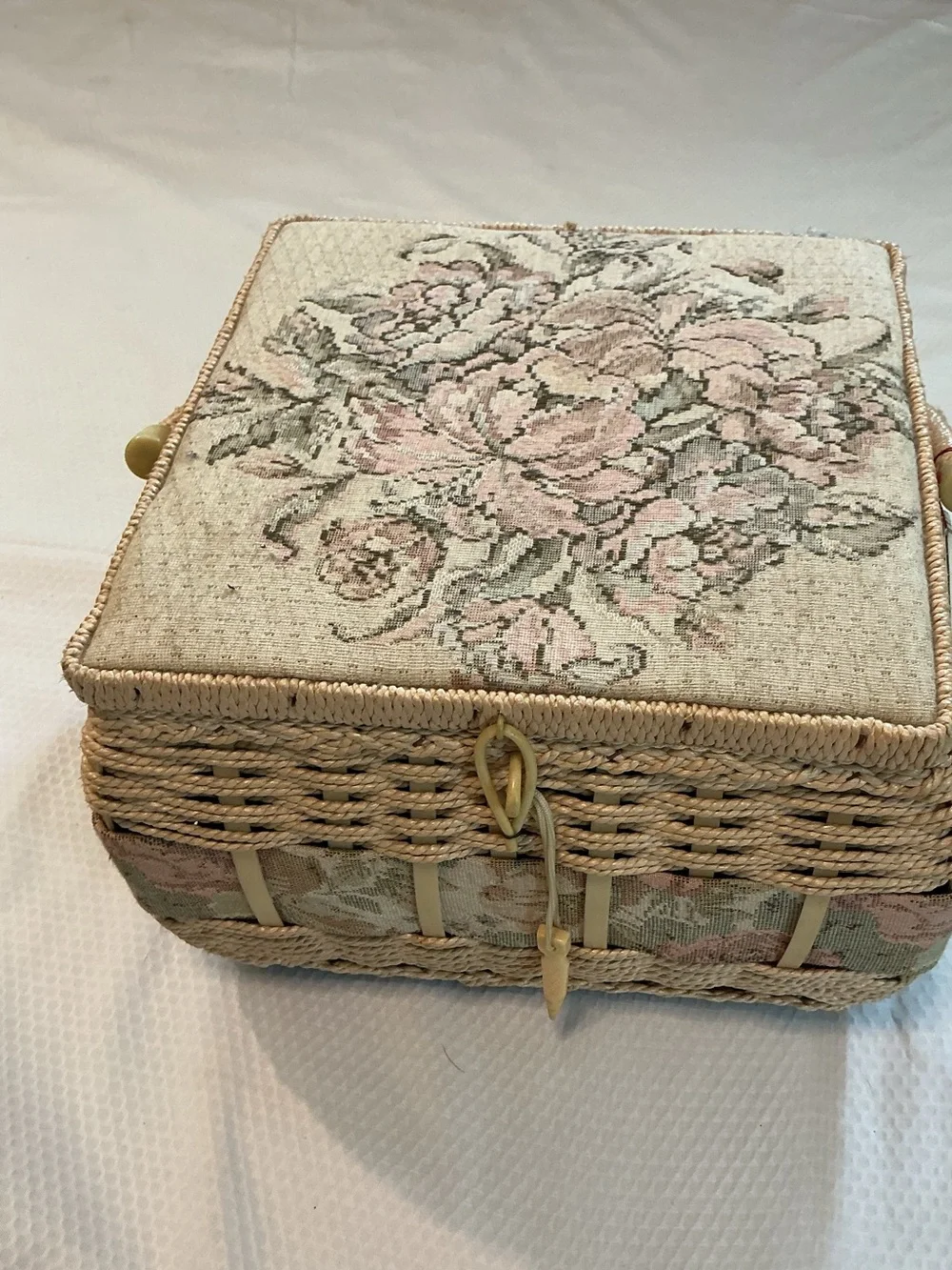Woven Floral Needlepoint Sewing Basket in Cream and Pink